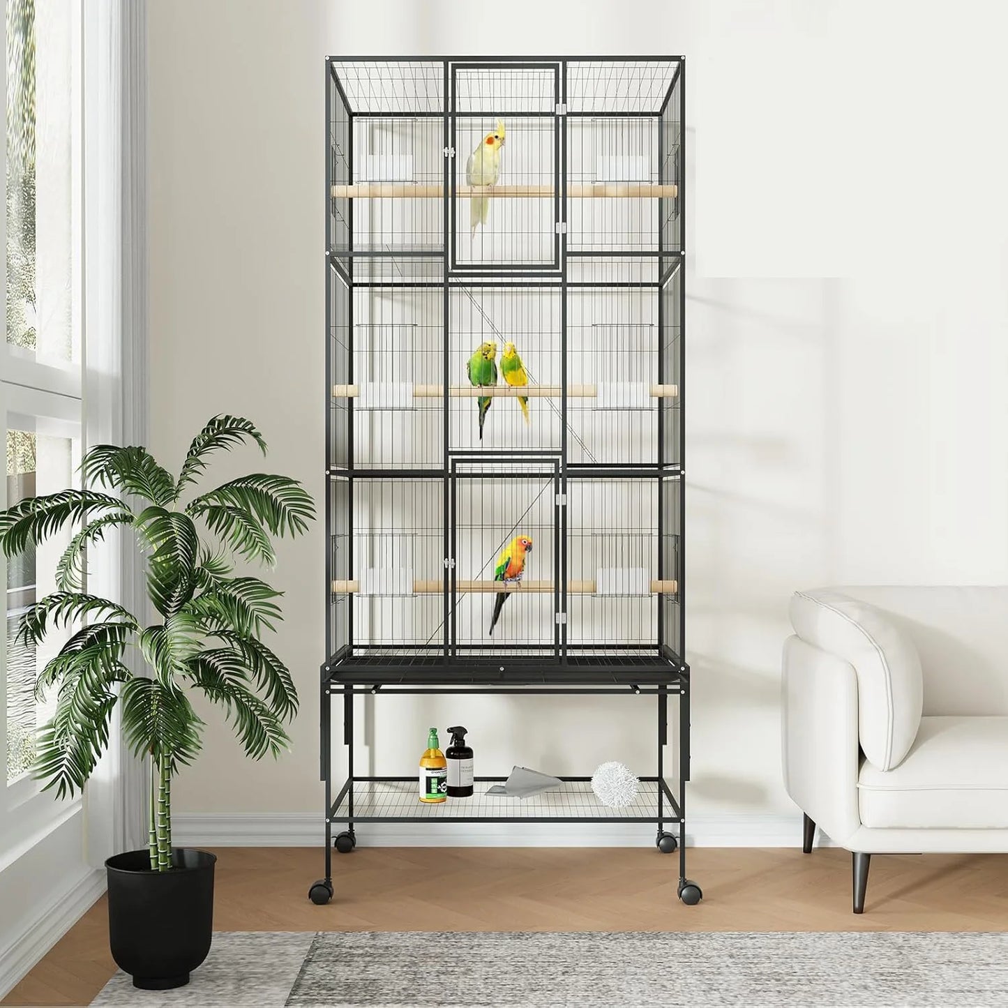 DishyKooker Bird Cage With Rolling Storage Stands And Bowls