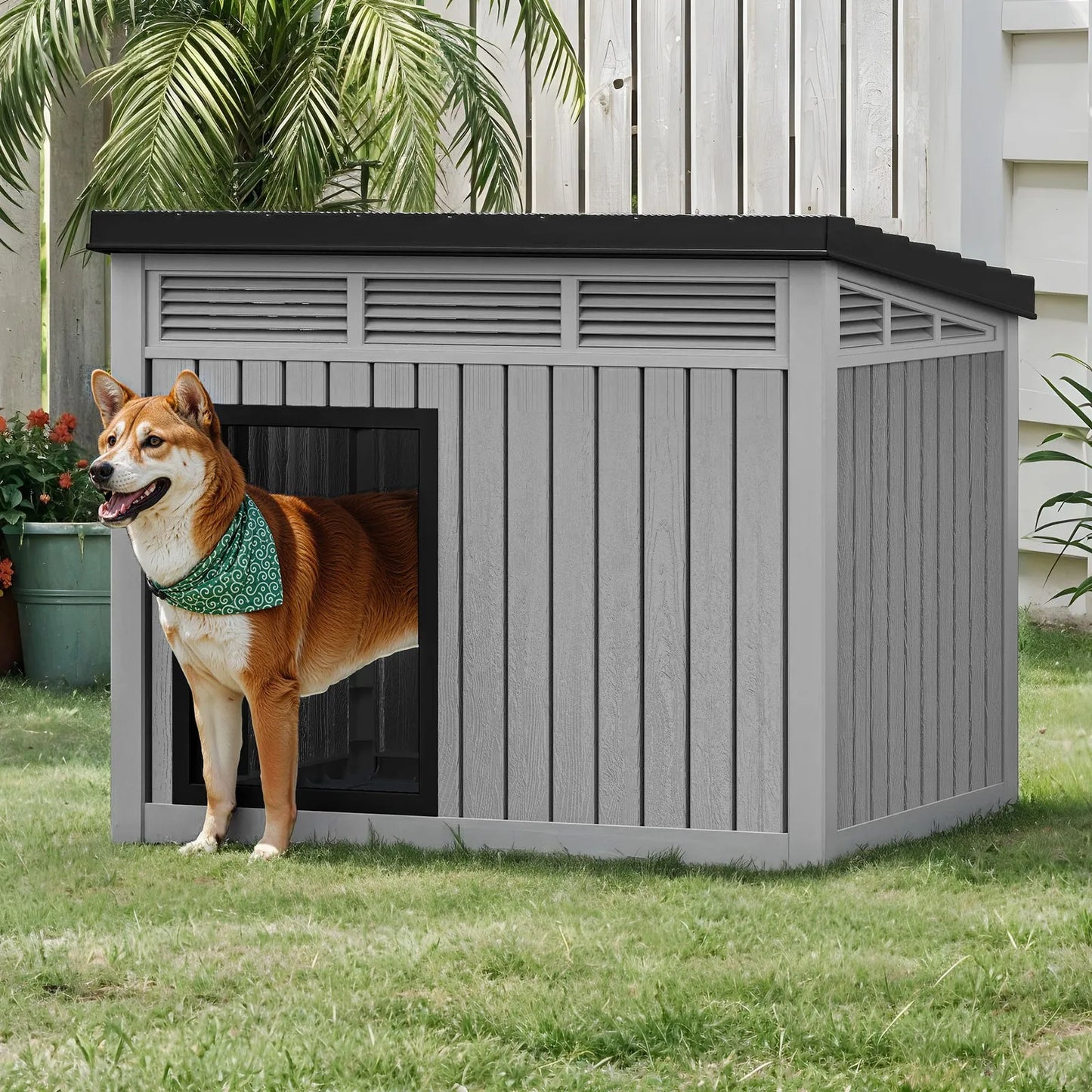 Plastic Dog House With Liftable Roof Outdoor Kennel Air Vents