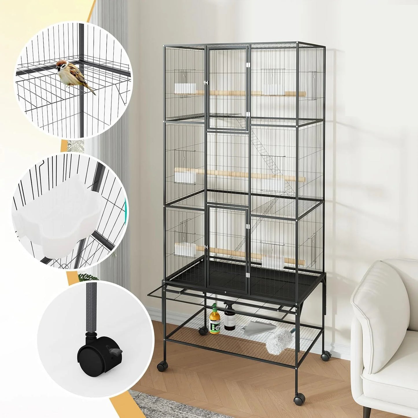 DishyKooker Bird Cage With Rolling Storage Stands And Bowls