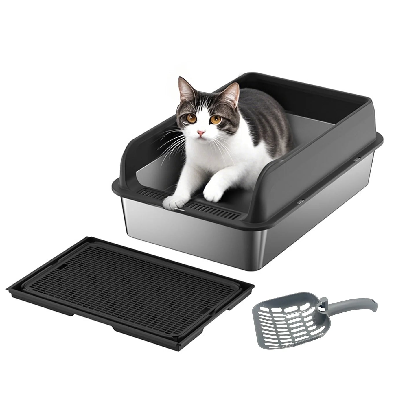 HiMISSH Stainless Steel Cat Litter Box With High Sides