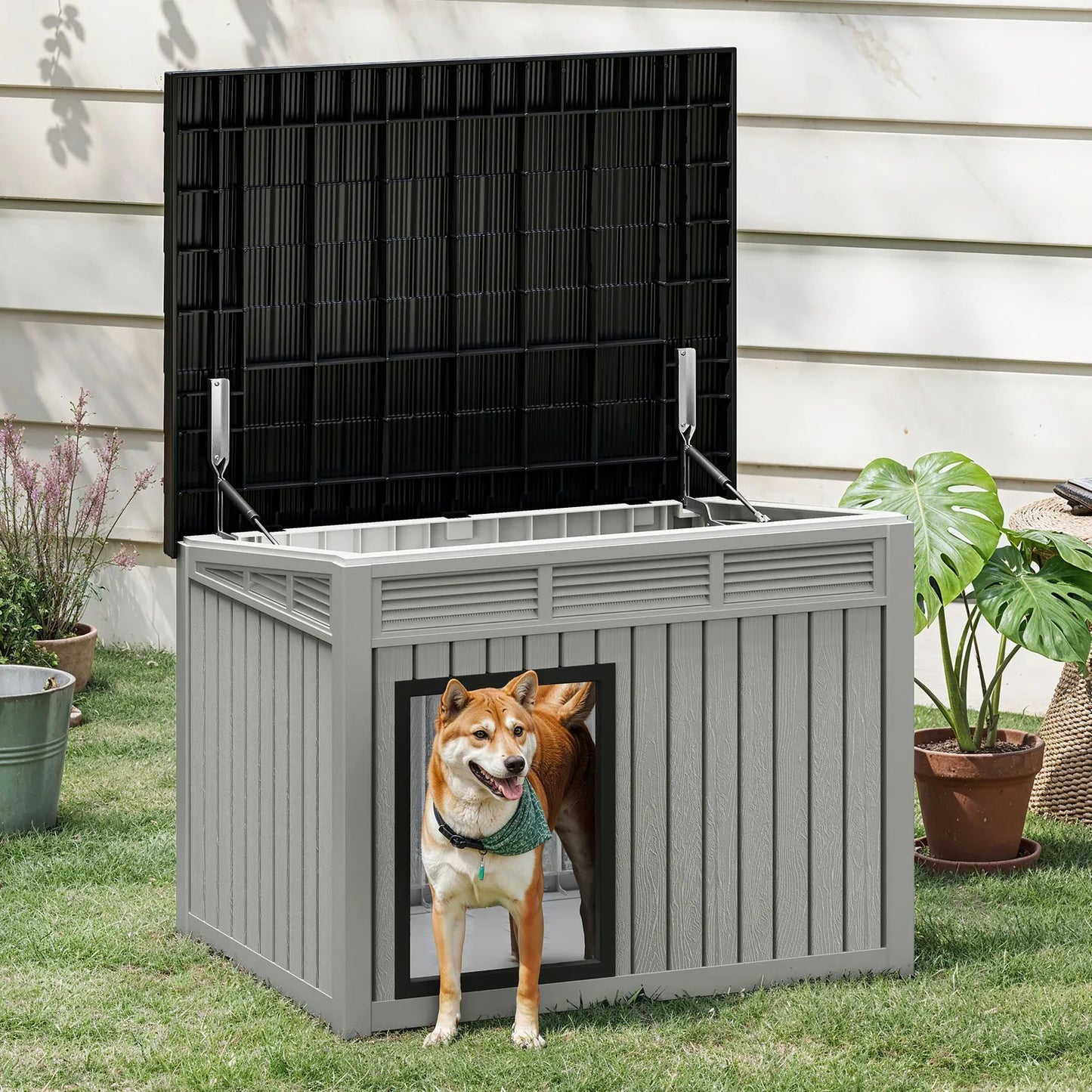 Plastic Dog House With Liftable Roof Outdoor Kennel Air Vents