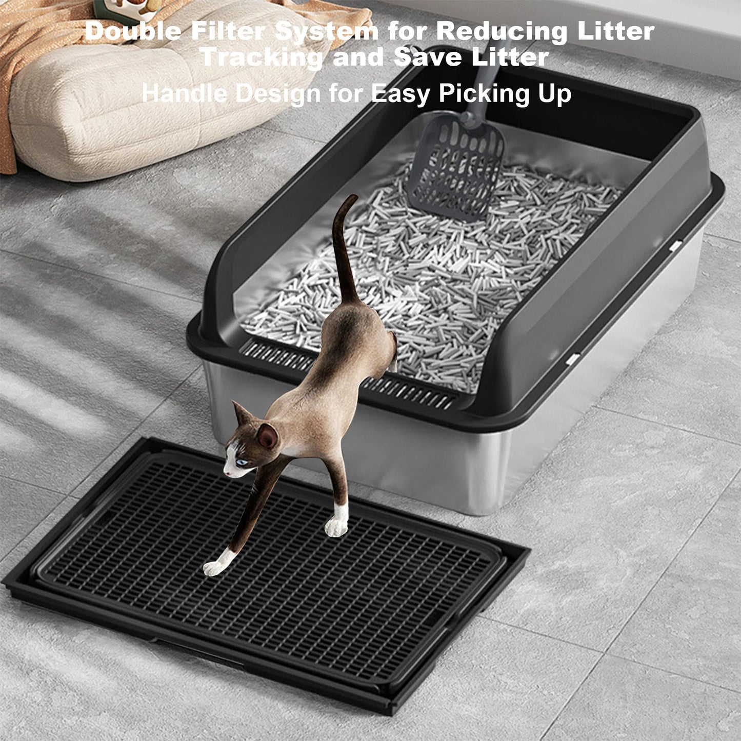 HiMISSH Stainless Steel Cat Litter Box With High Sides