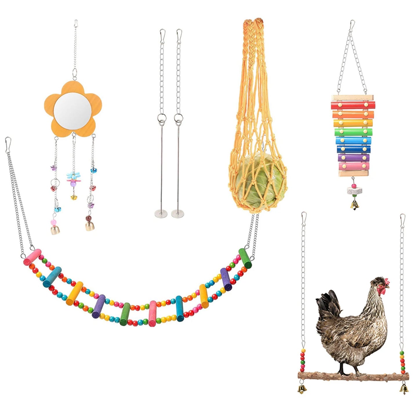 Shunmaii 7Pcs Chewing Foraging Toy With Wooden Hanging Feeder For Parrot