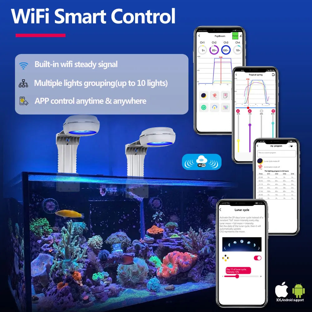 PopBloom WiFi Marine Aquarium Light Full Spectrum LED For Coral